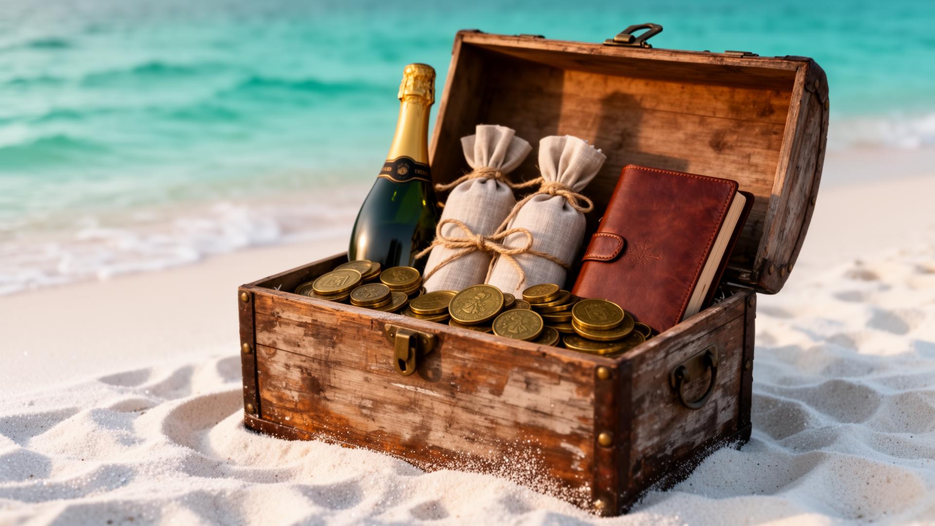 Open wooden treasure chest on white sand with champagne, gold coins, and curated gift boxes