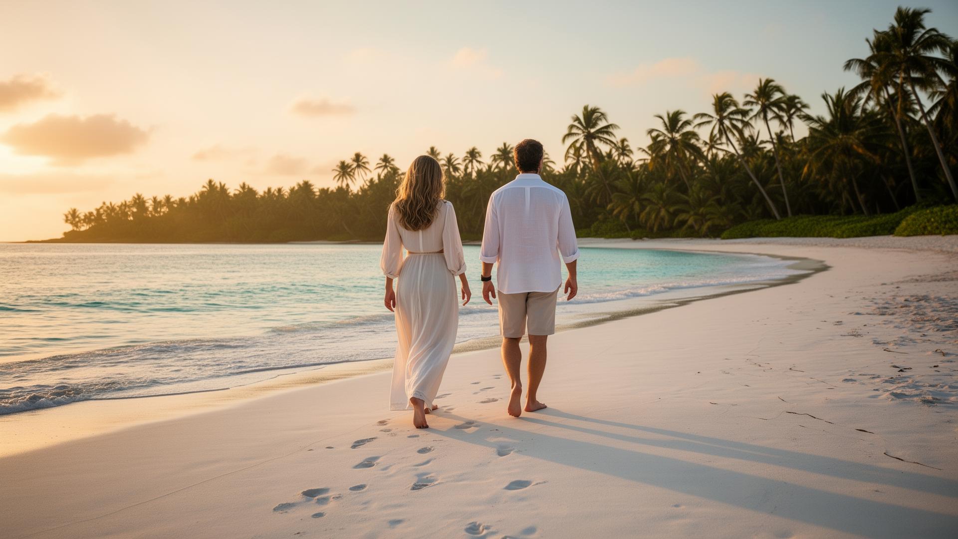 Stylish guests exploring a secluded white-sand island shoreline at golden hour with a catamaran anchored offshore