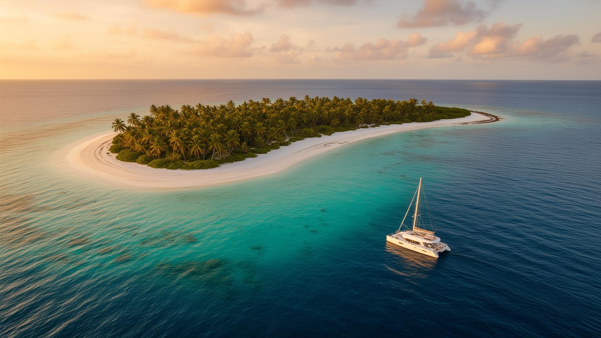 Aerial view of a secluded tropical island at golden hour with a luxury catamaran anchored in turquoise water