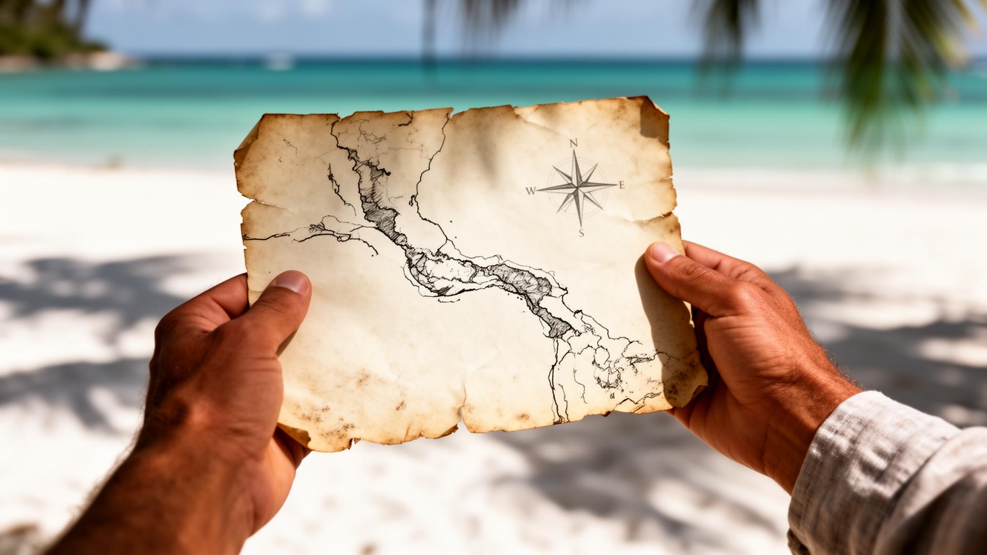 Hand-drawn treasure map on weathered parchment with a compass and gold coins